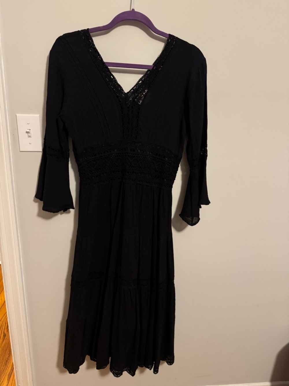 Neiman Marcus Black V-Neck Lace-Trim Long Sleeve Midi Dress